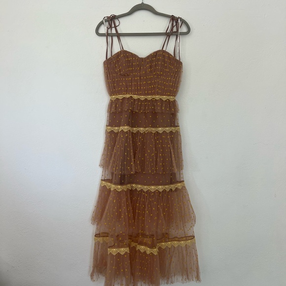 Self-Portrait Dresses & Skirts - Self-Portrait Brown and Gold Tiered Midi Dress